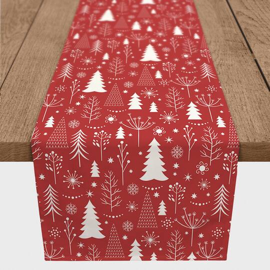 90&#x22; Winter Tree Pattern Red Poly Twill Table Runner